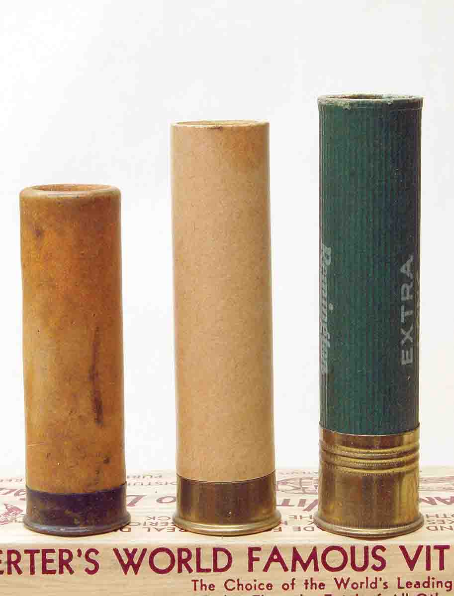 Early roll-crimped, 20-gauge shells (left to right): standard 2.5 inch, 3-inch handload and a 3-inch empty case sold to handloaders.